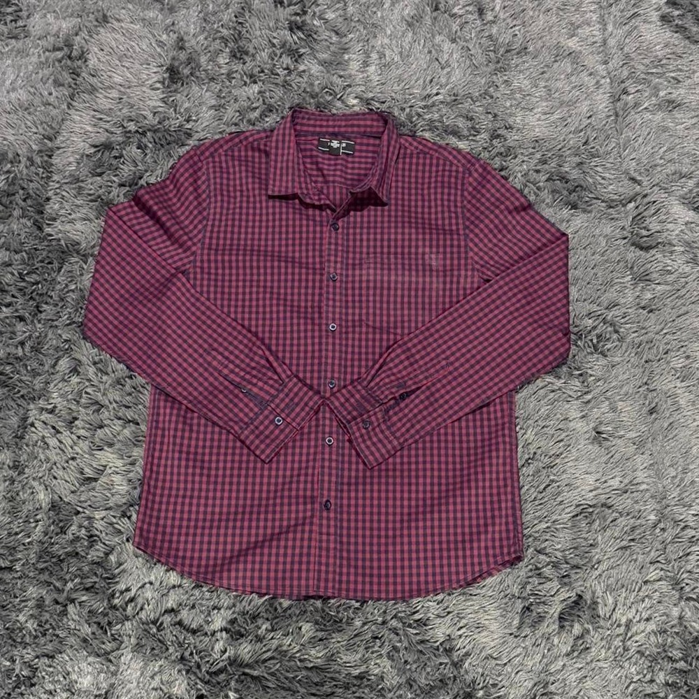Forever 21 Men Burgundy Gingham Plaid Long Sleeve Button Down Shirt XL